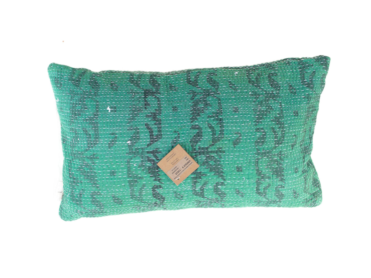 Green sari pillowcase in size 30x50 with white pattern and fine details - unique sari pillow/Indian pillowcase in bohemian and vintage style.
