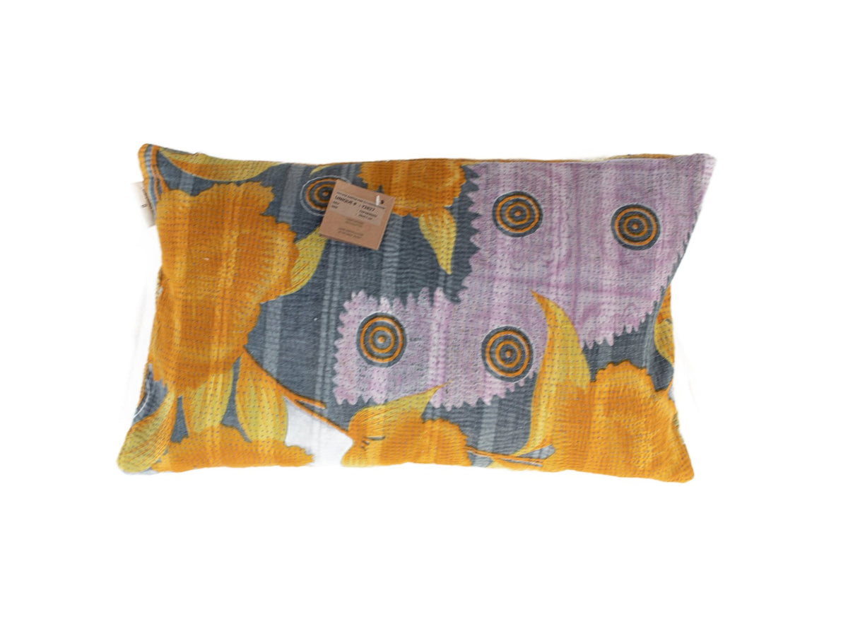 Sari pillowcase 30x50 in mustard yellow with beige, cream and light turquoise patterns, circles and ornaments - unique Indian pillowcase in vintage/boho style.