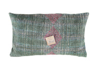 Sari pillowcase 30x50 in olive green with colorful pink patterns and ethnic/Indian embroidery - unique boho sari pillow