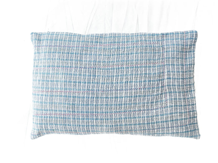 Sari pillowcase 60x40 in mustard yellow with boho/bohemian ethnic diamond patterns in purple, blue and turquoise - unique Indian pillow for sofa and bed