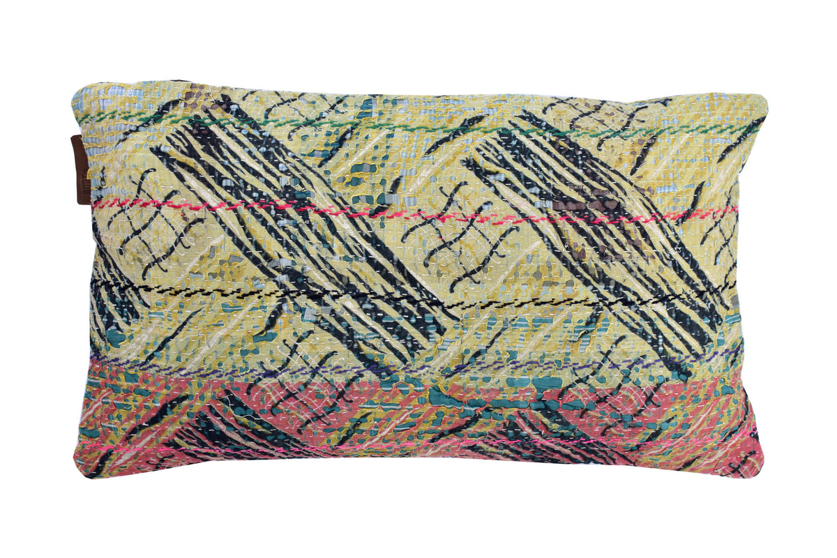 Colorful sari pillowcase 30x50 with mustard yellow base, black oriental patterns and boho details in turquoise and pink stitching - unique sari pillow/Indian pillowcase in vintage style