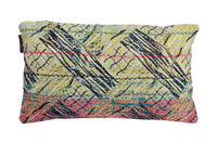 Colorful sari pillowcase 30x50 with mustard yellow base, black oriental patterns and boho details in turquoise and pink stitching - unique sari pillow/Indian pillowcase in vintage style