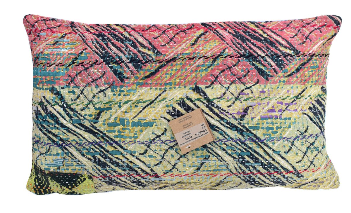 30x50 sari pillowcase with colorful, vintage oriental pattern in yellow/gold, black and turquoise with rose-red hem and unique boho details