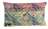30x50 sari pillowcase with colorful, vintage oriental pattern in yellow/gold, black and turquoise with rose-red hem and unique boho details