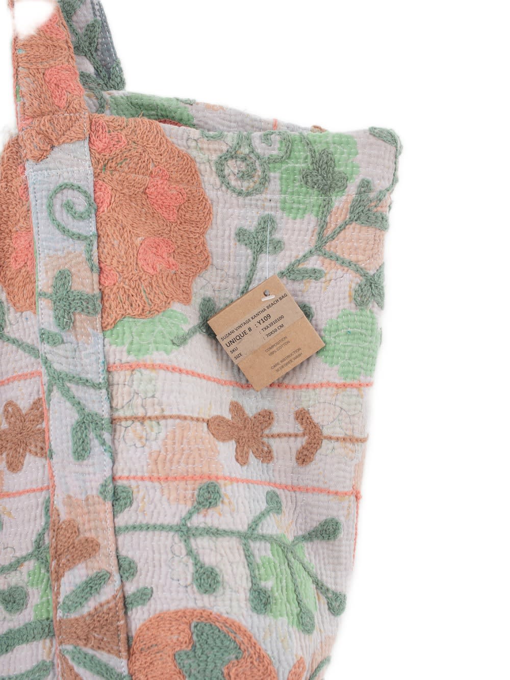 Pastelbroderet blomsterquiltet tote-taske med skulderrem, håndlavet vintage Kantha strandtaske