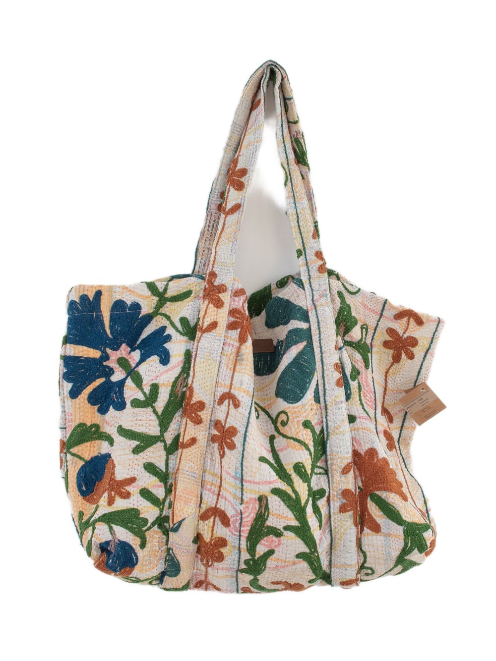 Flerfarvet blomsterbroderet quiltet tote-taske med skulderstropper på hvid baggrund