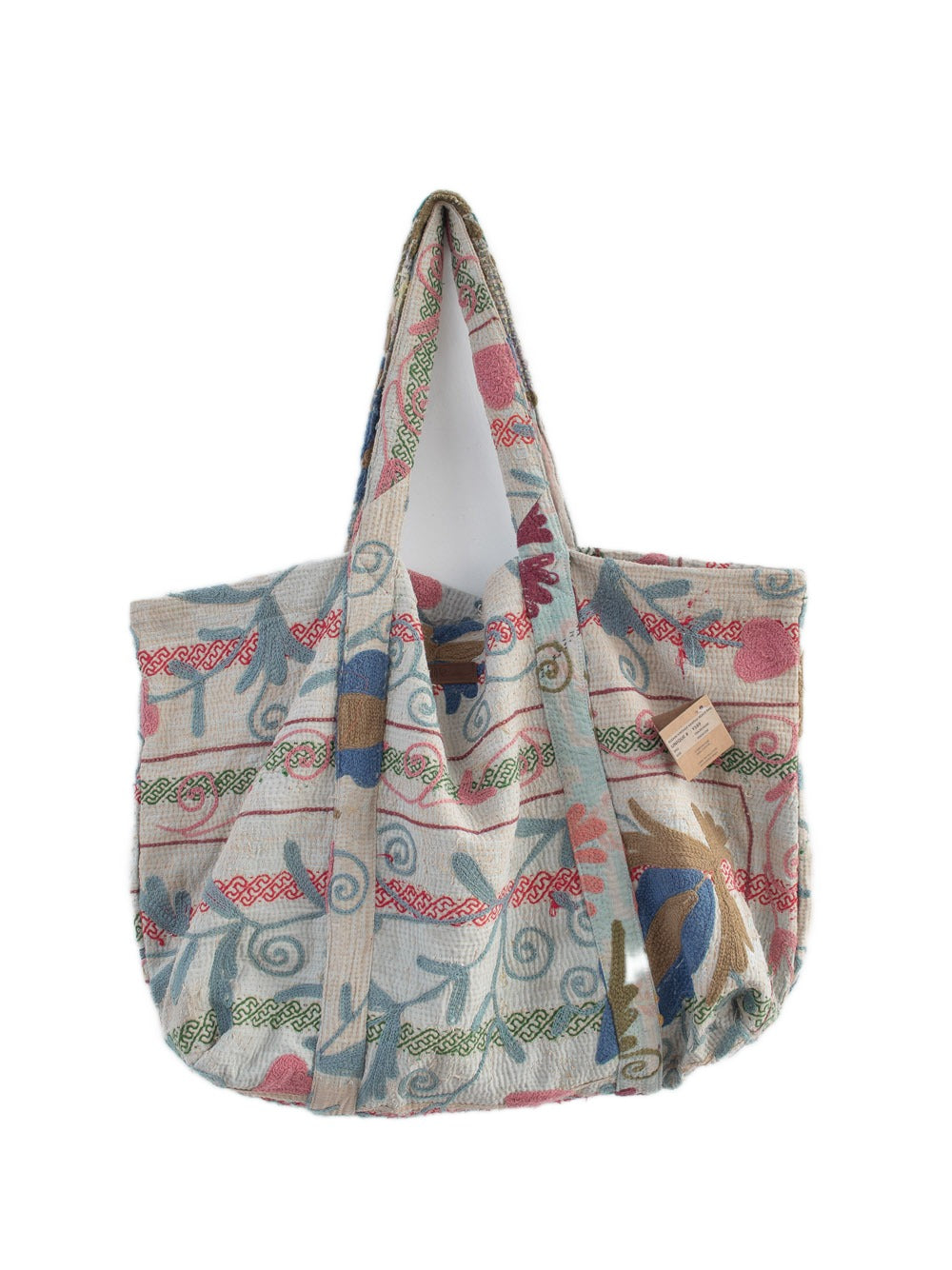 Vintage Suzani beach bag with embroidery in pink, blue, green and sand, back view