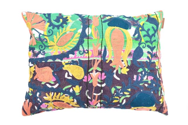 Unique suzani pillowcase 50x70 cm in dark blue with colorful Indian boho oriental pattern of leaves and flowers in turquoise yellow pink