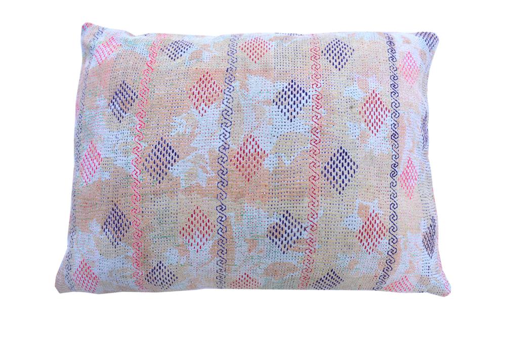 Sari pillowcase 50x70 in mustard yellow with black and teal pattern and pink details - unique Indian/upcycled sari pillow look in bohemian style