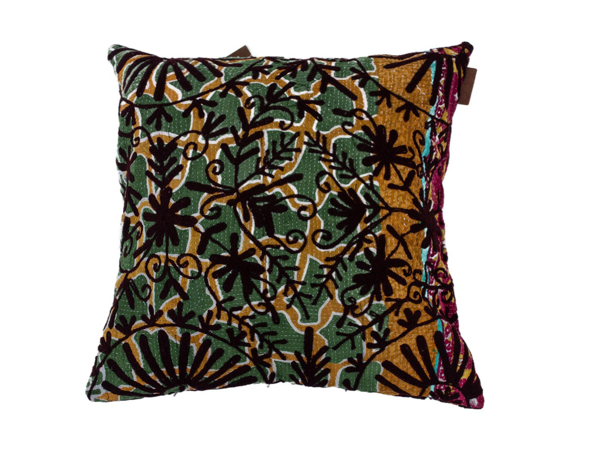 Unique suzani pillowcase 50x50 cm with colorful pattern in green, ochre and burgundy as well as dark brown floral lines for boho and vintage decor.