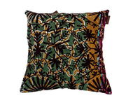 Unique suzani pillowcase 50x50 cm with colorful pattern in green, ochre and burgundy as well as dark brown floral lines for boho and vintage decor.