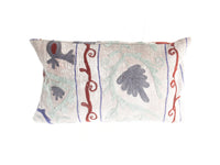 Unique Suzani pillowcase 30x50 cm in off-white with floral motifs in mint blue red and dark outlines bohemian vintage ethnic style oriental