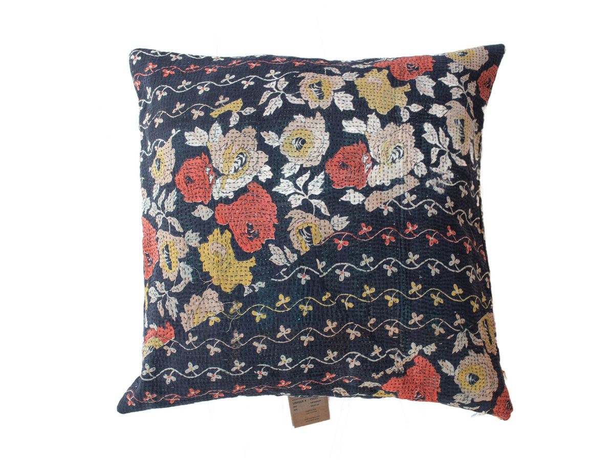 Unique 50x50 sari pillowcase in dark navy with colorful floral and figure patterns - sari pillow, bohemian and vintage Indian style