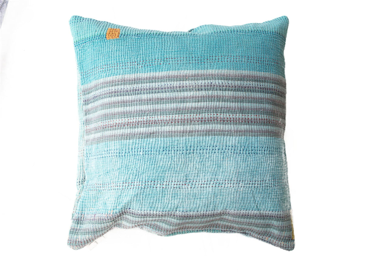 Sari pillowcase 50x50 in turquoise blue with stripe pattern and vintage ethnic details - unique Indian pillowcase in boho/bohemian style with colorful accent dots