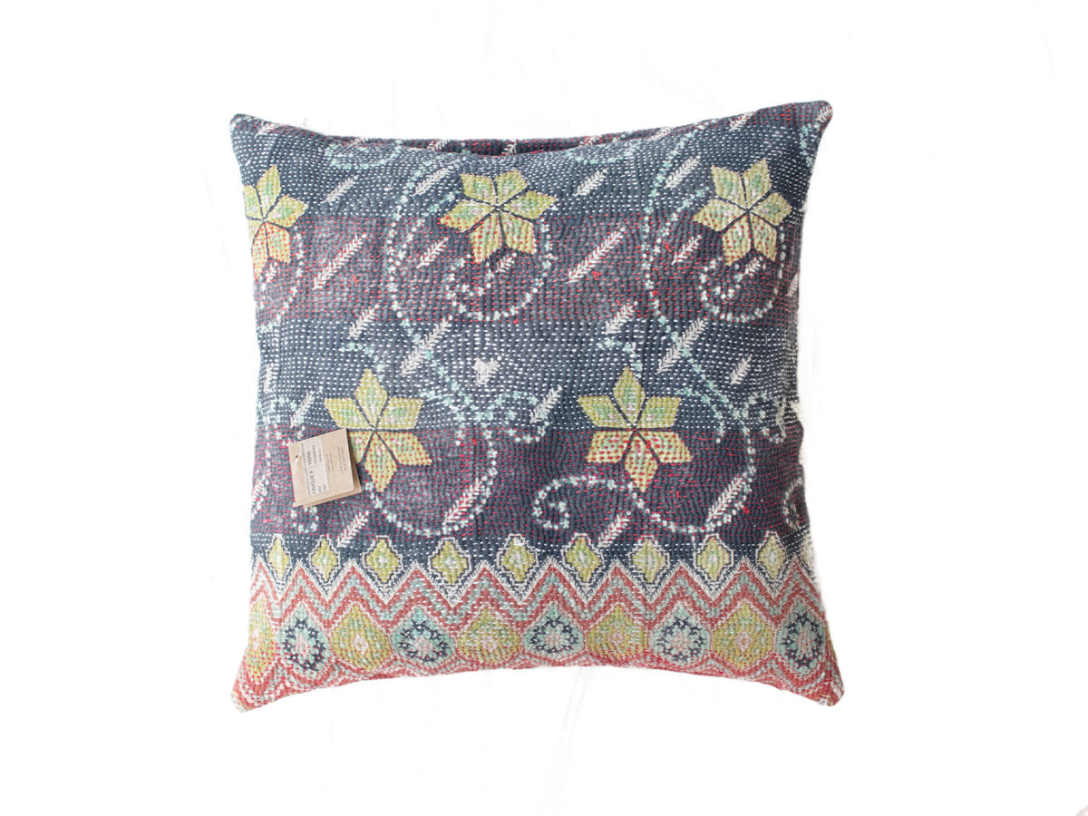 Sari pillowcase 50x50 in dark blue and red with colorful floral and geometric patterns, unique Indian/boho sari pillow (oriental ethnic pillows)