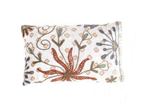 White suzani pillowcase 30x50 cm with colorful oriental embroidery: winding flowers in terracotta dark blue and dusty green boho vintage