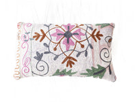 Suzani pillowcase 30x50 cm in white canvas with colorful oriental flowers in pink brown dark blue and green vintage boho pillow