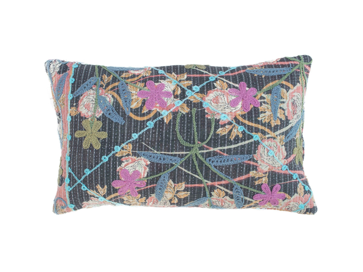 Unique suzani pillowcase 30x50 cm in dark anthracite with colorful boho oriental embroidery and flowers in blue pink purple and green cords