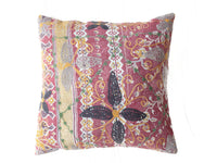 Unique suzani pillowcase 50x50 in burgundy and cream with colorful oriental embroidery, yellow swirls and black/green figures.