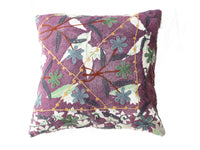 Purple suzani pillowcase 50x50 cm with white fields and embroidered flowers in gray blue and green and yellow warp threads oriental boho vintage