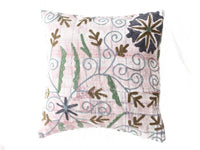 Suzani pillowcase 50x50 cm in delicate pink and off-white with blue winding patterns green stems and dark brown floral ornaments boho vintage