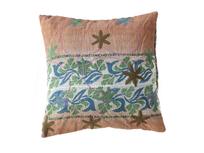 Unique suzani pillowcase 50x50 cm in warm brown with colorfully embroidered star flowers in green blue and olive as well as pink sling lines in ethnic boho style