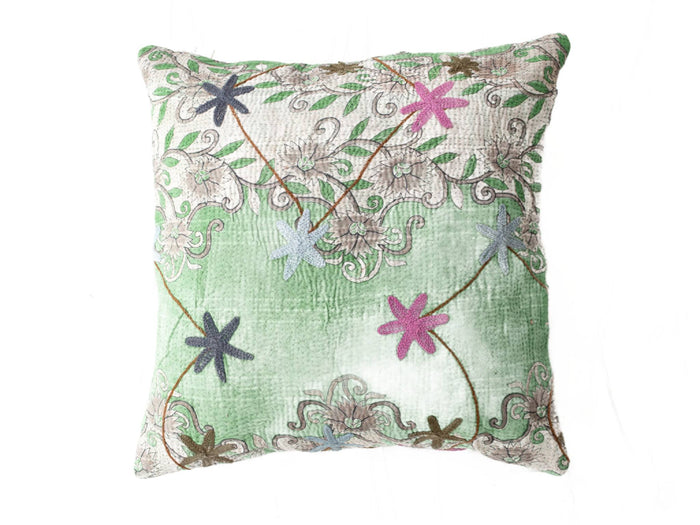 Unique sari cushion suzani cushion cover in 50x50 cm with light green fabric and white patterned ribbon with colorful flowers and winding lines in bohemian oriental style